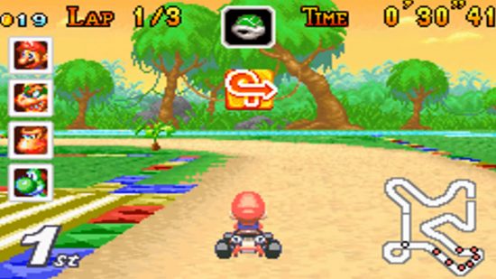 Screenshot of racing with Mario in Mario Kart GBA for best GBA games list
