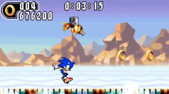 Screenshot of Sonic racing away from in a bee in Sonic Advance 2 for best GBA games list