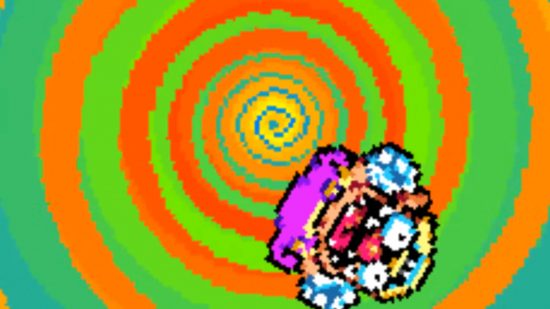 Screenshot of Wario falling through a portal in Wario Land 4 for best GBA games list