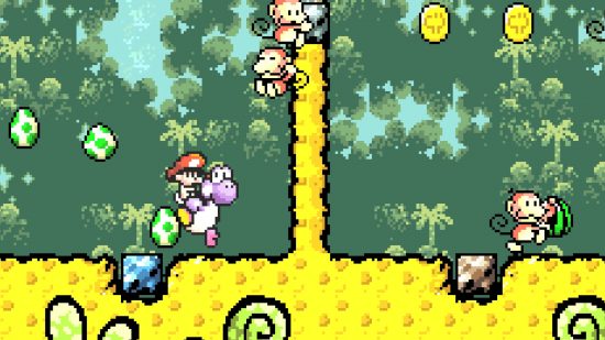 Screenshot of Yoshi taking out monkeys in Yoshi's Island for best GBA games list