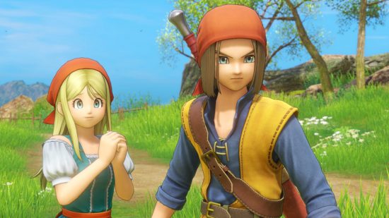 Screenshot of the early game characters looking at a threat from Draogn Quest XI for best JRPGs on Switch list