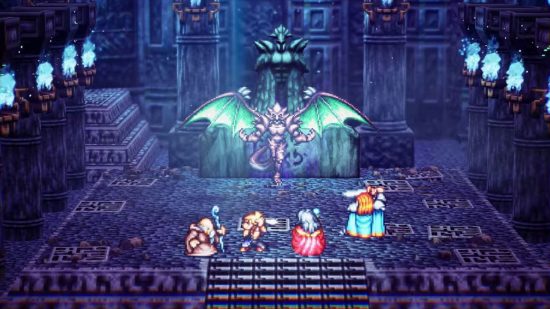 Screenshot of a boss battle against a demon in Live-A-Live for best JRPGs on Switch list