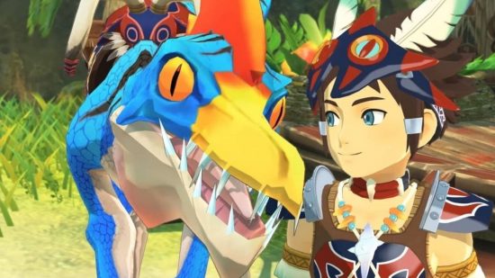 Screenshot of the main character alongside a blue and orange dinosaur-type monster for best JRPGs on Switch list