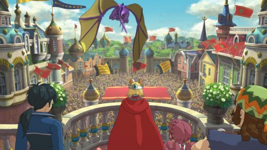 Screenshot of the king looking over his denizens in Ni No Kuni 2 for best JRPGs on Switch list