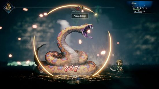 Screenshot of a battle against a big snake in Octopath Traveler for best JRPGs on Switch list
