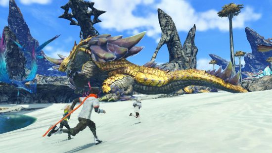 Screenshot of the characters running away from a big golden lizard in Xenoblade Chronicles 3 for best JRPGs on Switch list