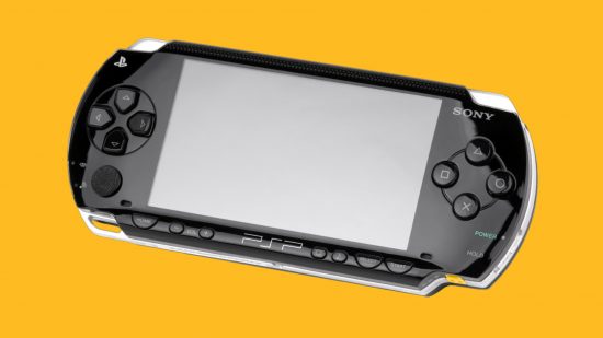 Best PSP games - a PSP in front of a yellow background