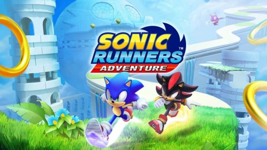 Best Sonic games: Key art from Sonic Runners Adventure featuring Sonic and Shadow racing each other along a Green Hill Zone-style 3D road.