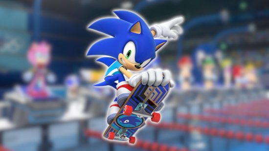 Best Sonic games: Sonic doing a skateboard trick with a white outline, pasted onto a blurred screenshot from Mario and Sonic at the Olympic Games Tokyo 2020 swimming.