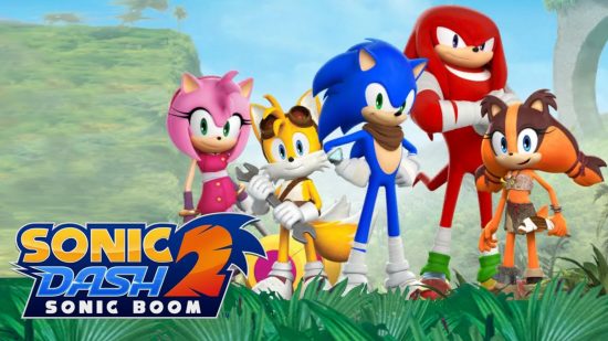Best Sonic games: Key art from Sonic Dash 2: Sonic Boom featuring Sonic, Tails, Amy, Knuckles, and Sticks the Badger.