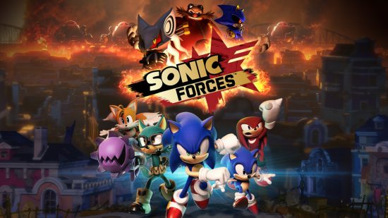 Best Sonic games: Key art from Sonic Forces, featuring the logo and a range of characters on a dark background.