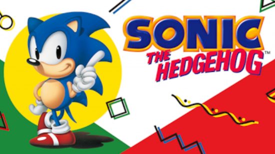 Best Sonic games: Key art from Sonic the Hedgehog Classic, featuring classic Sonic on a yellow circle background, and the classic logo on a white background with red and green triangles in the bottomm corners, and 90s geometric pattern motifs such as zigzags and squares.