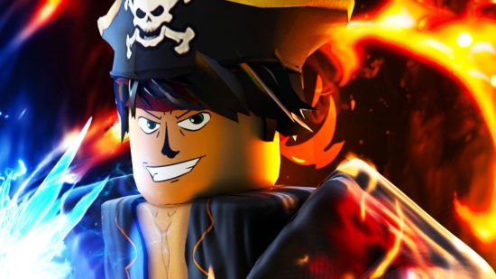 Blox Fruits race - a Roblox pirate smiling