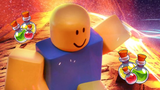 Broken Bones 5 codes - a Roblox Broken Bones character running through space with a smile on its face and potions around it