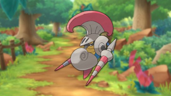 bug type Pokémon: Escavalier on a woodland background
