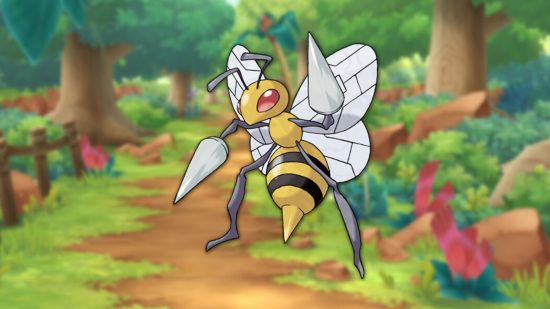 bug type Pokémon: Beedrill on a woodland background
