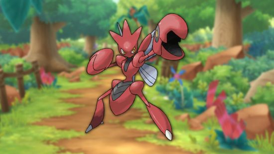 bug type Pokémon: Scizor on a woodland background