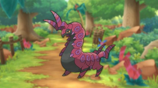 bug type Pokémon: Scolipede on a woodland background