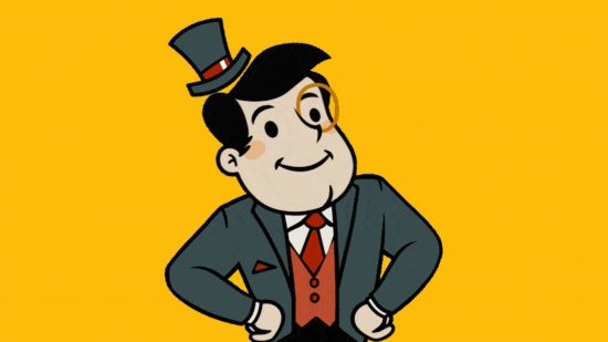 Business simulation game protagonist from Adventure Capitalist on a mango yellow background. He is a man with a tiny top hat, pomaded hair, fancy three piece suitand a monacle.