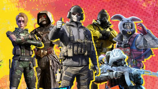 Call of Duty Mobile download: A graphic showing various CoD Mobile operators such as Ghost posing on a red and yellow splattered background.