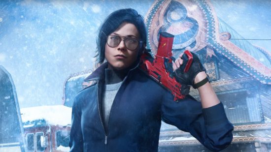 Call of Duty mobile PC: A character from COD Mobile with dark hair and glasses standing in the snow with a red gun on their shoulder.