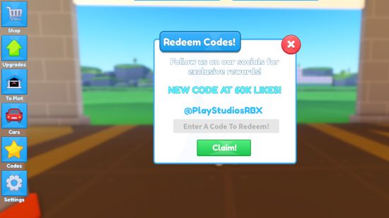Car Factory Tycoon codes redeem page