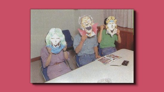 Castlevania Bloodlines history - three people sat behind a white desk in an old photograph all holding cartoon faces over theirs.