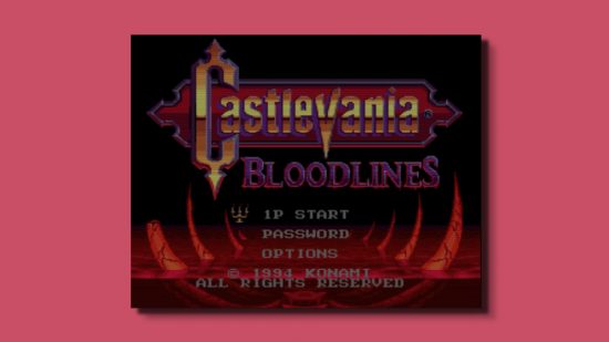 Castlevania Bloodlines history - the title screen showing the logo, menu options, and a pile of blood on the floor.
