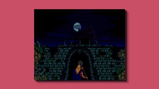 Castlevania Bloodlines history - a long blonde haired man stood in front of a tall stone wall with an arch in the middle and the moon high above.