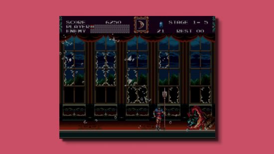 Castlevania Bloodlines history - a screenshot from the first boss, showing a scary monster crumpled in front of tall, smashed windows;