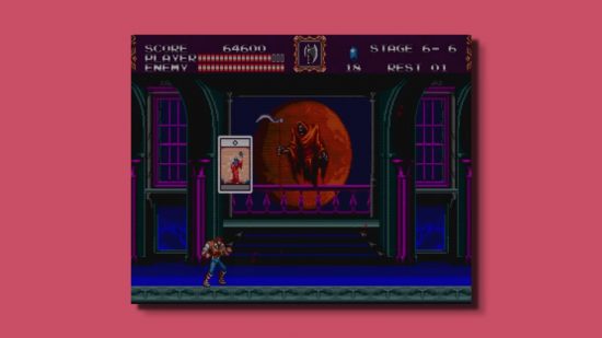Castlevania Bloodlines history - a red moon behind a ghostly red ghoul; with a playing card floating next to them in a haunted castle.