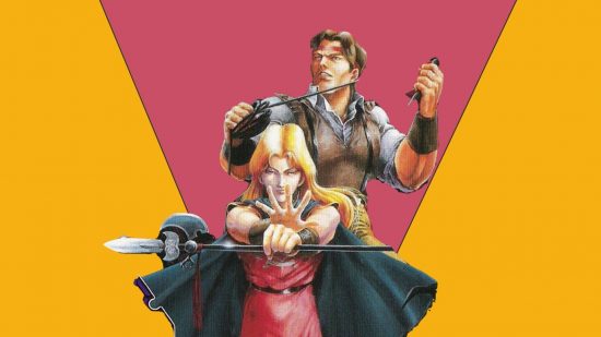Castlevania Bloodlines history - custom header image in red and mango yellow with two characters from the game in the centre. Eric. with a spear horizontal, black cape, long blonde hair and a red top, and John, short brown hair, tank top, sweater vest and whip.