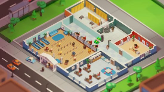 A screenshot of the casual game Idle Bank Tycoon, showing a bank full of customers