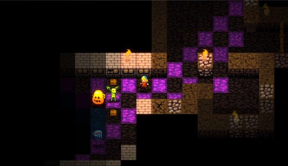 A screenshot from Crypt of the NecroDancer of a character exploring the dungeon