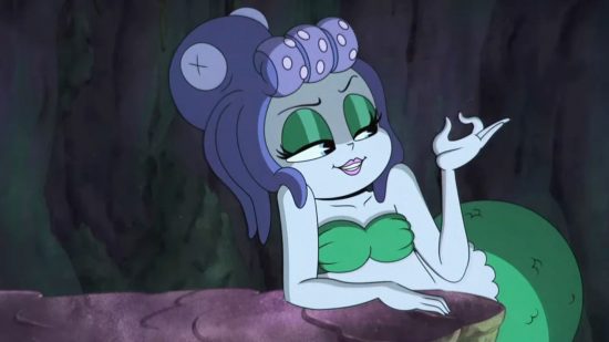 Cuphead's Cala Maria leaning on a rock looking at her nails