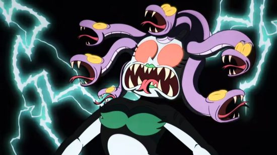Cuphead's Cala Maria and her eel hair going on a bit of a mad one surrounded by lightning