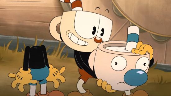 Cuphead Mugman: a screenshot from the Cuphead Show shows Cuphead with Mugman's head in his arms