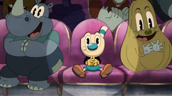 Cuphead Mugman: a screenshot from the Cuphead Show sees Mugman sat in a cinema seat, with a light shining on him