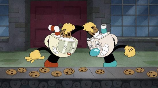 Cuphead Mugman: a screenshot from The Cuphead Show sees Cuphead and Mugman dipping biscuits into the cups on each others heads