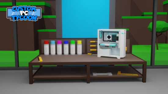 Roblox Custom PC Tycoon codes - a custome PC on a bench with a bunch of spray cans