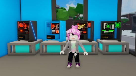 Roblox Custom PC Tycoon codes - a Roblox player stood in front of several custom PCs