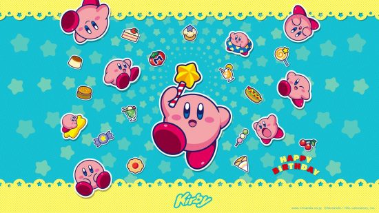 Kirby wallpapers: A teal-blue background with a pale yellow lace-like trip, featuring various Kirbies in different poses with white outlines as if they are stickers. There are also sweets, hot dogs, and Metamatos. The Kirby in the middle is holding a magic wand up in the air.