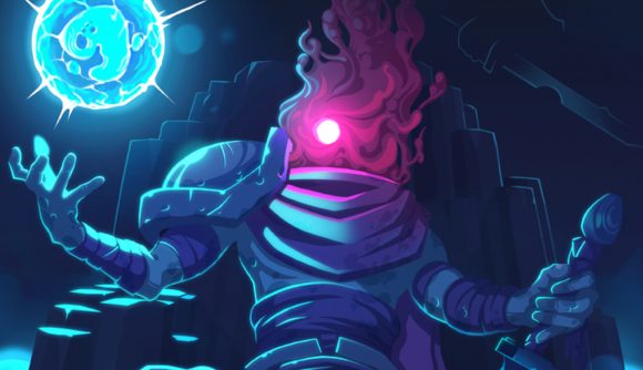 Dead Cells mobile sales: A screenshot from the Dead Cells Brutal update showing a shadowy figure with a glowing pink head weilding a floating light blue glowing ball.