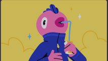 Dicsord download page art showing a cartoon fish humanoid in a zipped up jacket sipping on a straw. Their skin is pink, eyes big and fishy, and they have blue scales on their head.