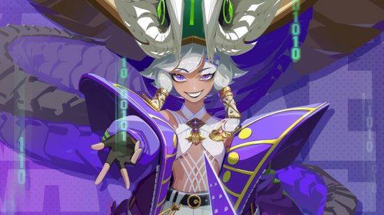 Dislyte update: A cropped close-up of the key art for Intisar, featuring the Esper wearing her large snake hood and reaching her hand out towards the viewer. Green strings of 0s and 1s hang in the air to signal that she is a hacker.
