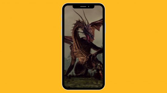Dragon Age mobile game: A warm orange-yellow background. On top is a graphic of a smartphone with a picture of a dragon from Dragon Age Origins on it.