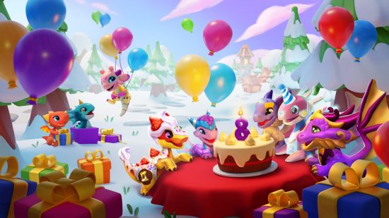 Dragon Mania Legends interview - a group of dragons celebrating an eighth birthday