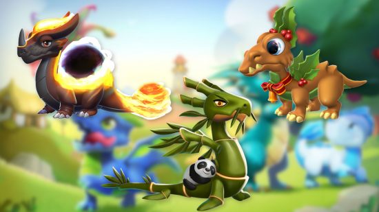 Dragon Mania Legends interview - a dragon with a block hole on its back, a dragon with a panda on its back, and a dragon with holly on its back stand against a blurred background