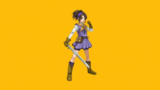 Dragon Quest battle Royale - a woman in a purple dress with a yellow ribbon round her neck and a white shirt underneath holds a sword in one arm and bends the other, with her brown hair tied up, superimposed on a mango yellow background.