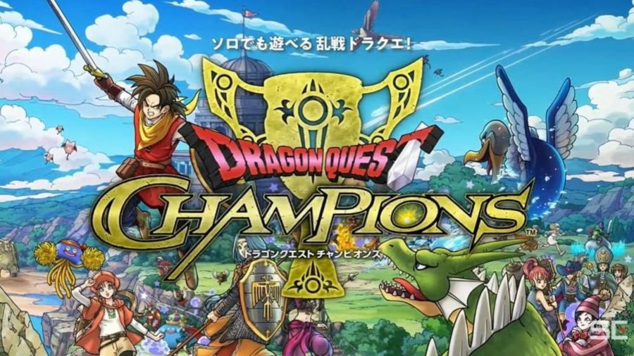 Dragon Quest Champions release date -art for the game showing various heroes in colourful armour with swords and shields stood on a. grassy plain going against monsters like dragons and giants in front of a large cathedral. with the logo superimposed on top.
